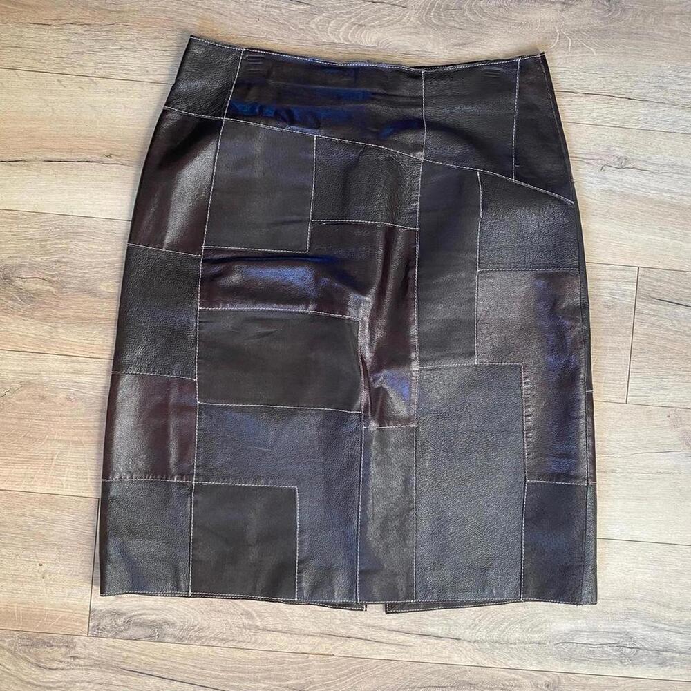 Atelier Brown Genuine Leather Patchwork Midi Skirt - image 1